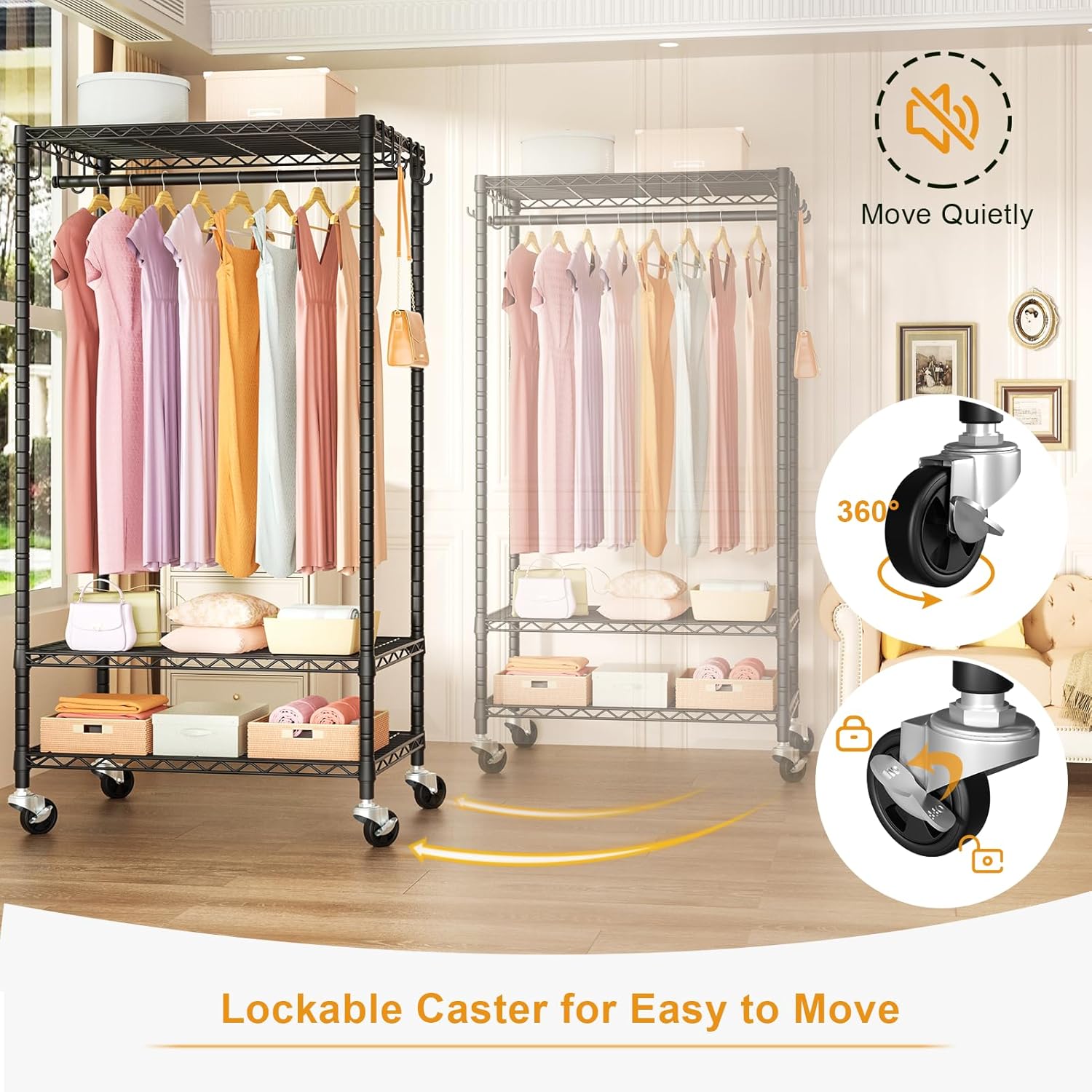 FUTASSI P6 Rolling Clothes Rack Heavy Duty, Clothing Racks for Hanging Clothes, Freestanding Garment Rack with Wheels, Portable Closet Rack Max Load 380 LBS, 35.5'' W x 14'' D x 74.6'' H, Black