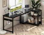 Casaottima L Shaped Computer Desk, 55 Inch Small Corner Desk with Storage Shelves & PC Stand, Reversible Gaming Desk for Bedroom, Modern Writing Study Table for Home Office, Black