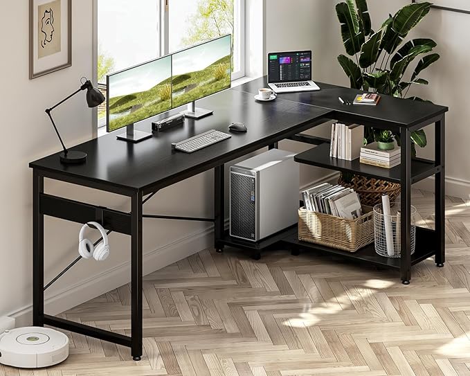Casaottima L Shaped Computer Desk, 55 Inch Small Corner Desk with Storage Shelves & PC Stand, Reversible Gaming Desk for Bedroom, Modern Writing Study Table for Home Office, Black