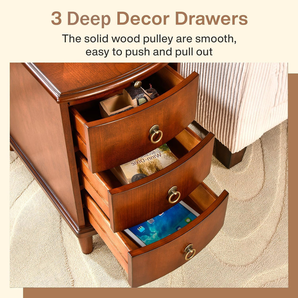 PADMA HOUSE Solid Wood End Table with 3 Drawers, Fully Assembled Nightstand w...