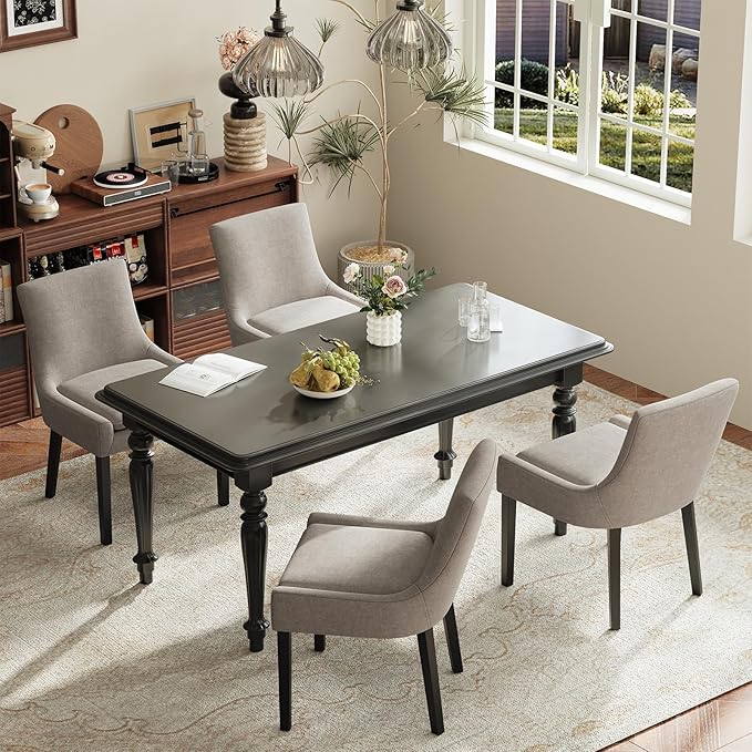 Dining Chairs Set of 6, Upholstered Corduroy Dining Room Chair with Wood Legs, Mid-Back Padded Kitchen Side Chairs for Dining Room, Camel