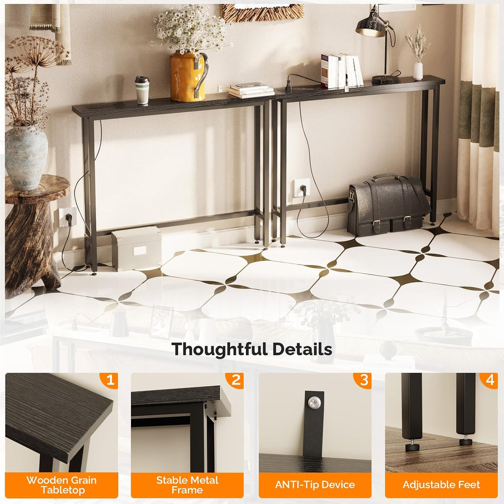 VINGLI 79" Console Table with Power Outlet, Narrow Sofa Table 2 Pack, Black