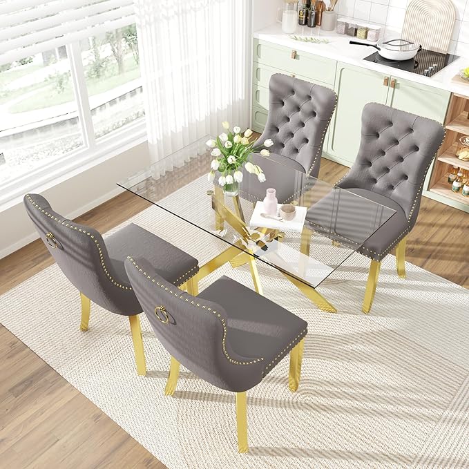 51 Inch Glass Dining Table Set for 4, Rectangular Glass Kitchen Table with 4 Upholstered Velvet Accent Chairs, 5 Piece Modern Dining Room Set, for Home, Apartment, Small Spaces - Grey Gold