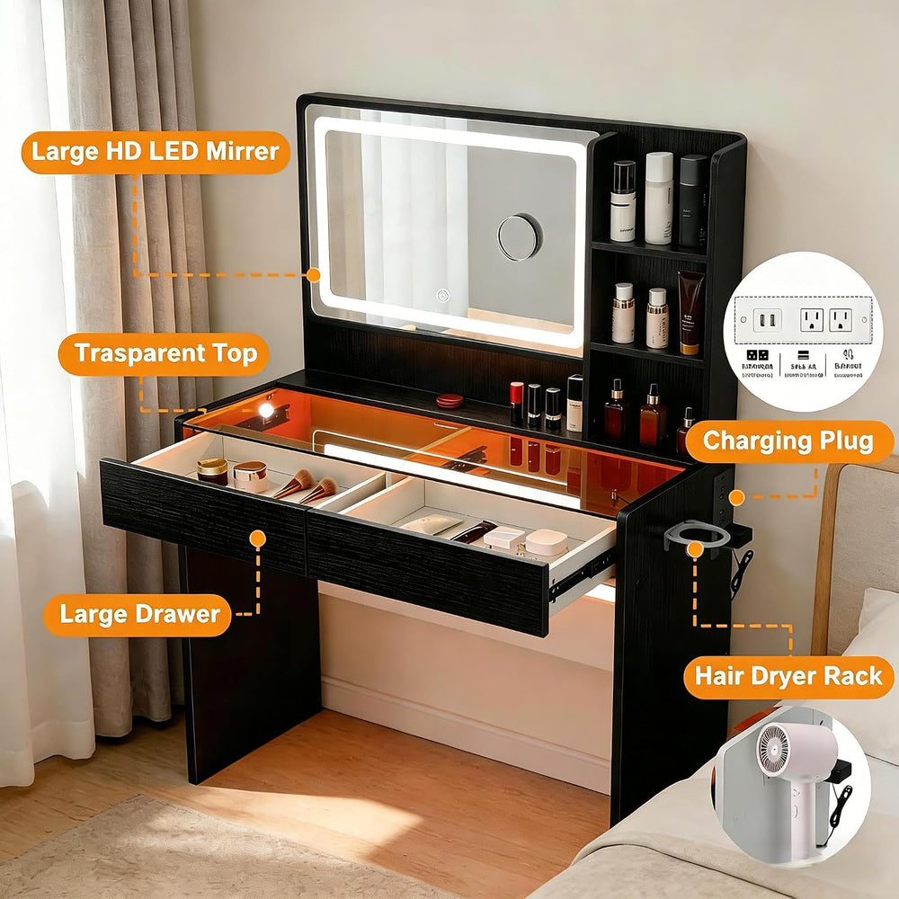 Makeup Vanity Desk with Smart LED Mirror & RGB Lights, Glass Top Peach Mo...