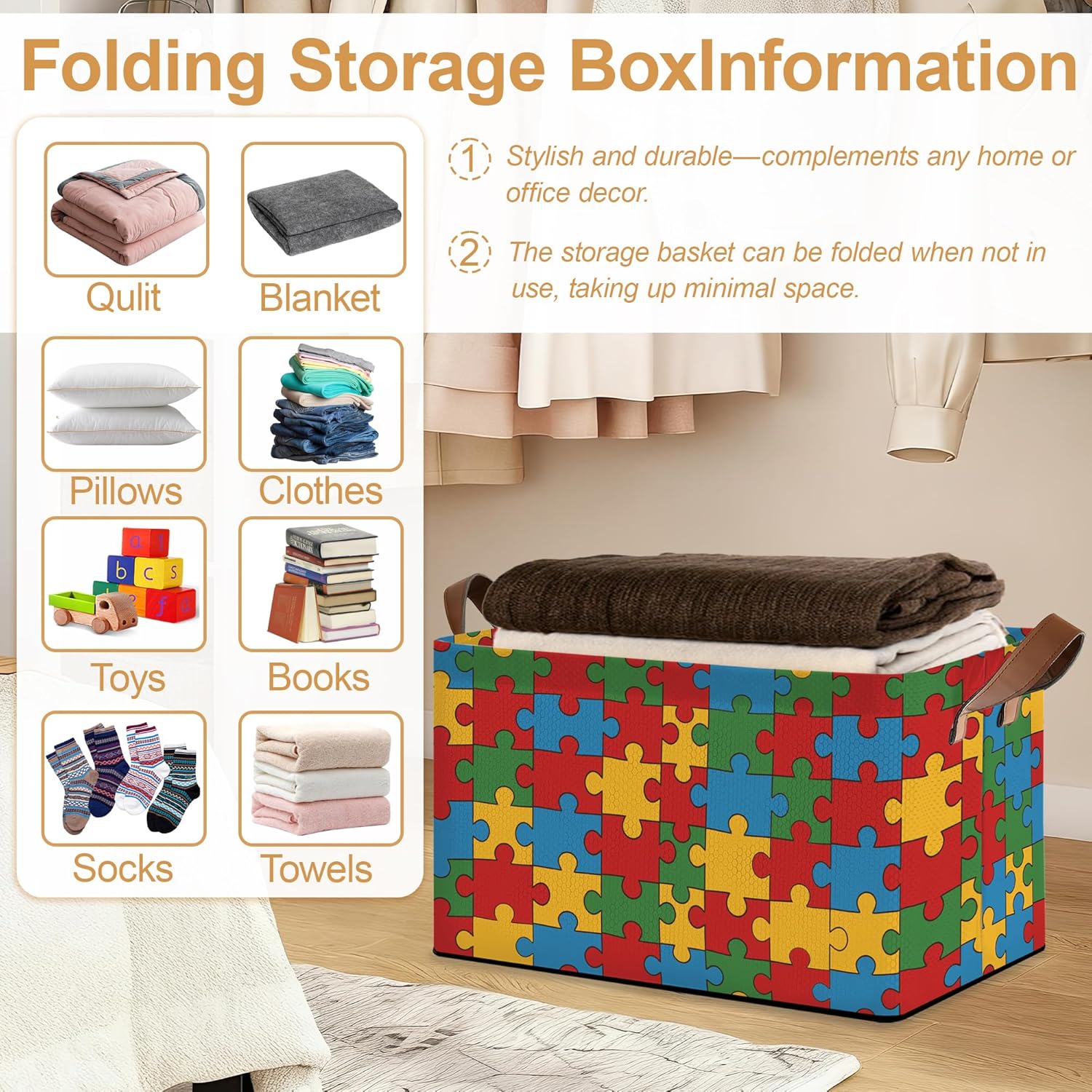 Jigsaw Storage Bins with Handles, Collapsible Storage for Clothes, Gift Basket, Blankets & Closet Organization