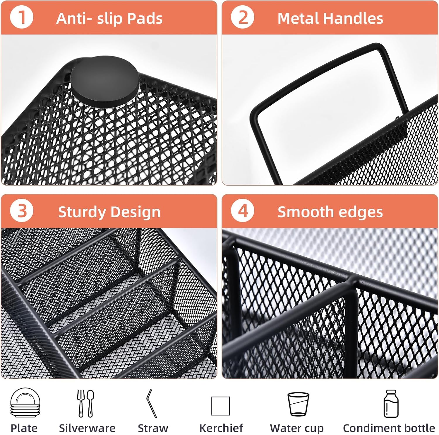 Silverware Organizer with Handle - Metal Utensil Caddy for Kitchen Counter, 7 Compartment for Plate, Cup, Napkin, Paper Plate Dispenser for Party, Picnic