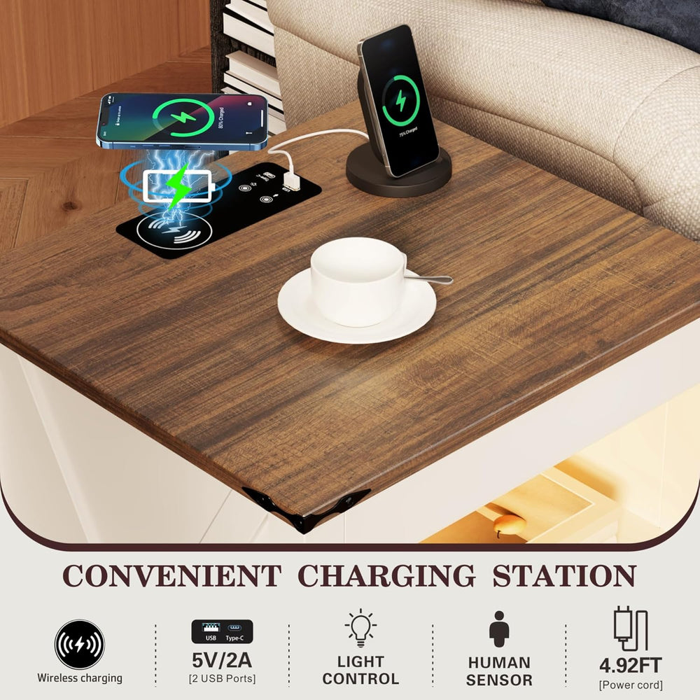 HWB LED Nightstand Set of 2 with Gun Drawer: Bedside Table with Charging Stat...