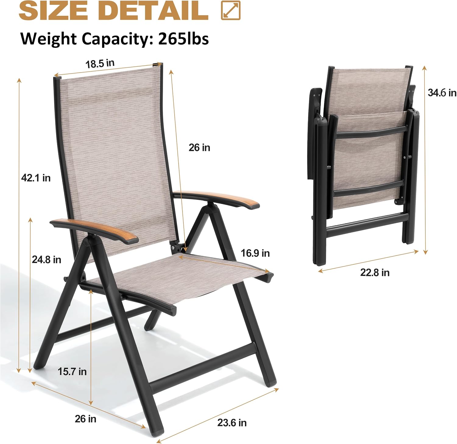 Folding Patio Chairs Set of 2, Aluminum High Back Outdoor Recliners | Outdoor Folding Chairs with Aluminum Frame & High Back, Patio Recliners with Teak Armrests, No Assembly Required, Adjustable