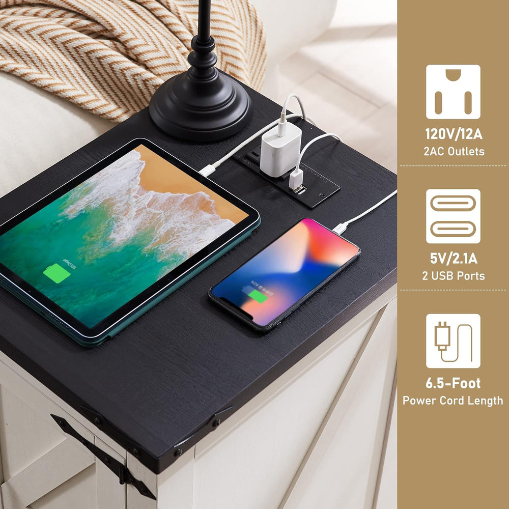 JXQTLINGMU Farmhouse Nightstand Set of 2 with Charging Station, 17" D Re...