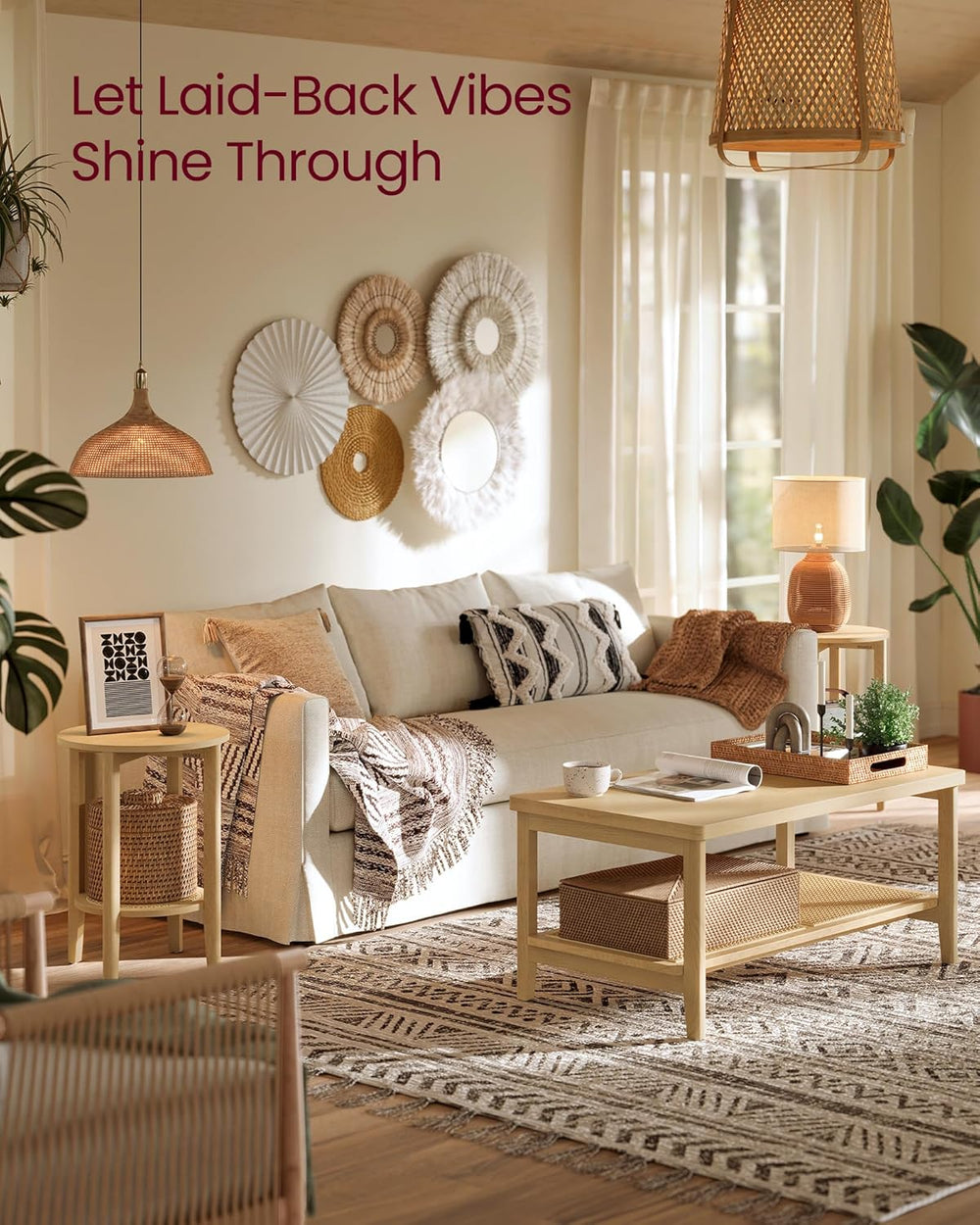 VASAGLE Round Side End Table, 2-Tier Boho Bedside Table with Rattan-Look Stor...