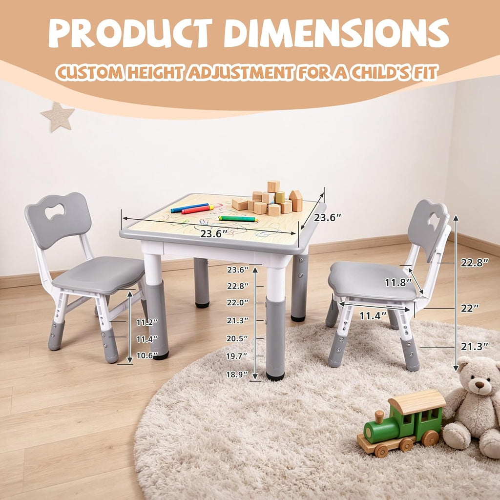 Pterying Kids Table and Chairs Set - 23.6" L x 23.6" W Height Adjustable Toddler Desk, Non-Slip Toddler Table with Graffiti Desktop for Ages 2-8, for Home Preschool Classroom Daycare, Grey