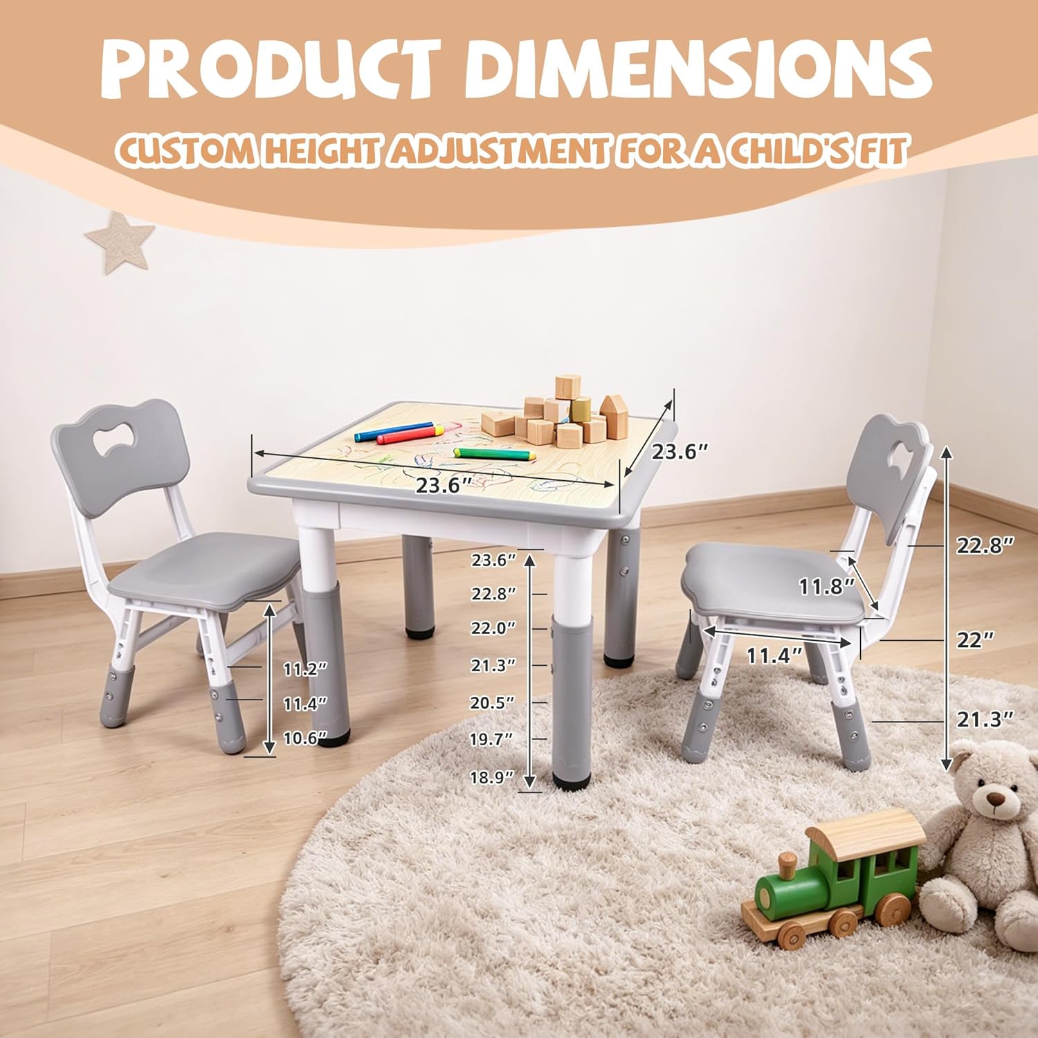 Pterying Kids Table and Chairs Set - 23.6" L x 23.6" W Height Adjustable Toddler Desk, Non-Slip Toddler Table with Graffiti Desktop for Ages 2-8, for Home Preschool Classroom Daycare, Grey