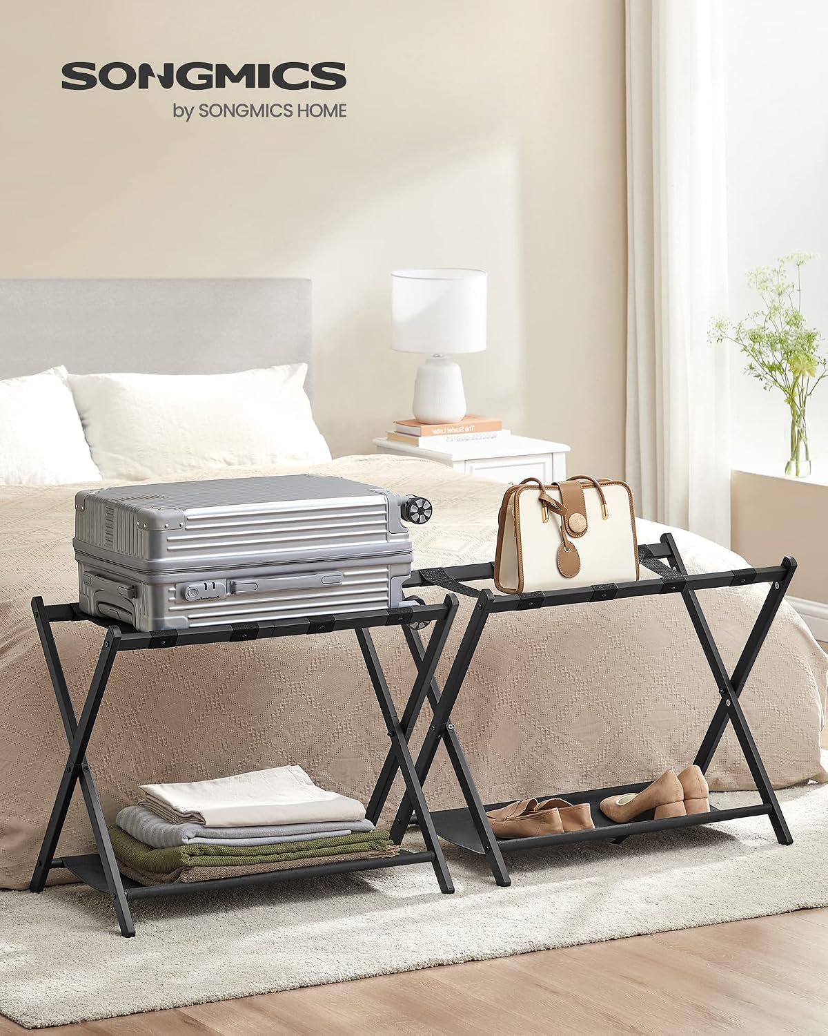 SONGMICS Luggage Racks for Guest Room, Set of 2, Suitcase Stand with Storage Shelf, Steel Frame, Foldable for Easy Storage, Hotel, Bedroom, Black URLR003B02