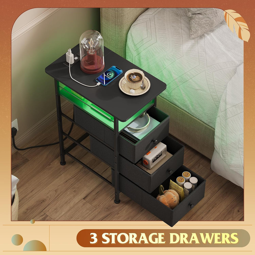 WLIVE Night Stand with Charging Station, End Table with 3 Fabric Drawers