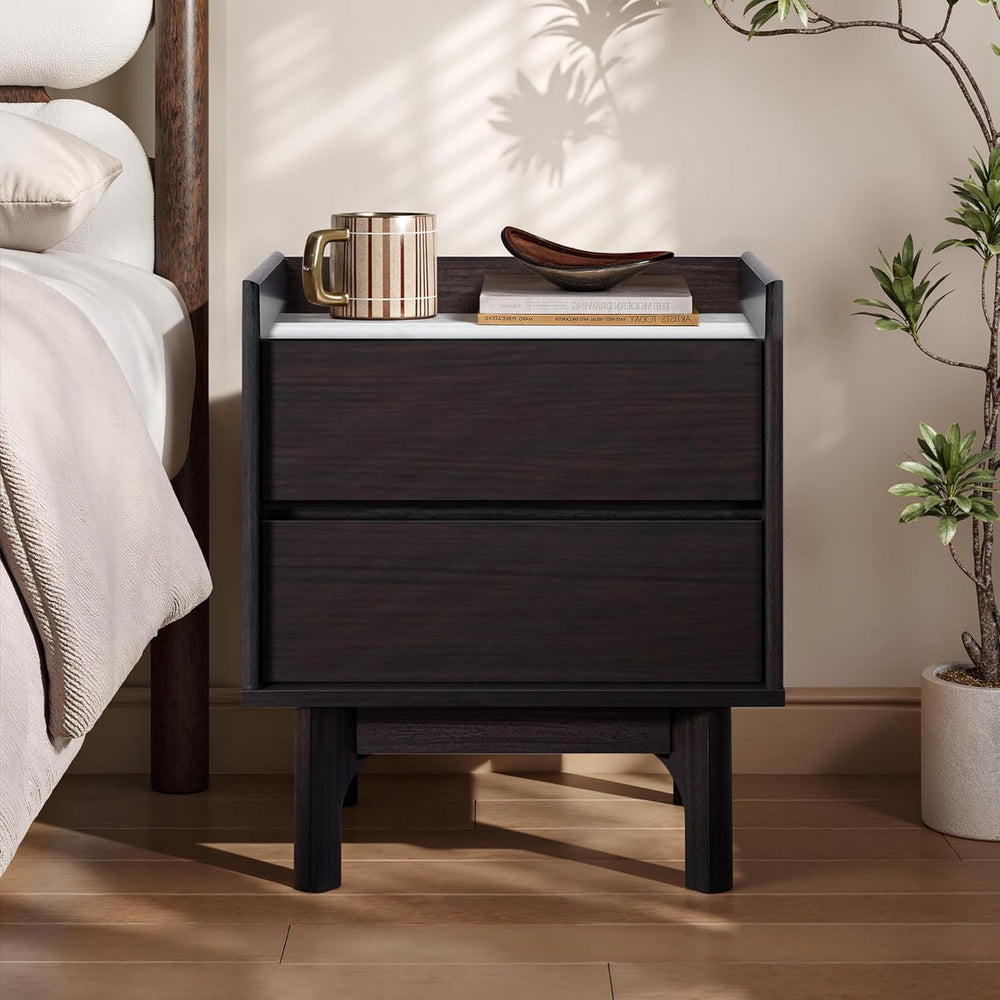 LuxenHome Modern 2 Drawers Nightstand with Faux Marble Top, 23'' Wood...