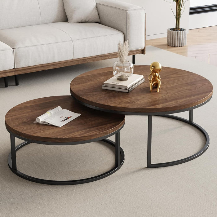 Round Nesting Coffee Table Set of 2, Modern Minimalist Accent Tables for Living Room, Bedroom, Office, Stackable Side Tables (Walnut)