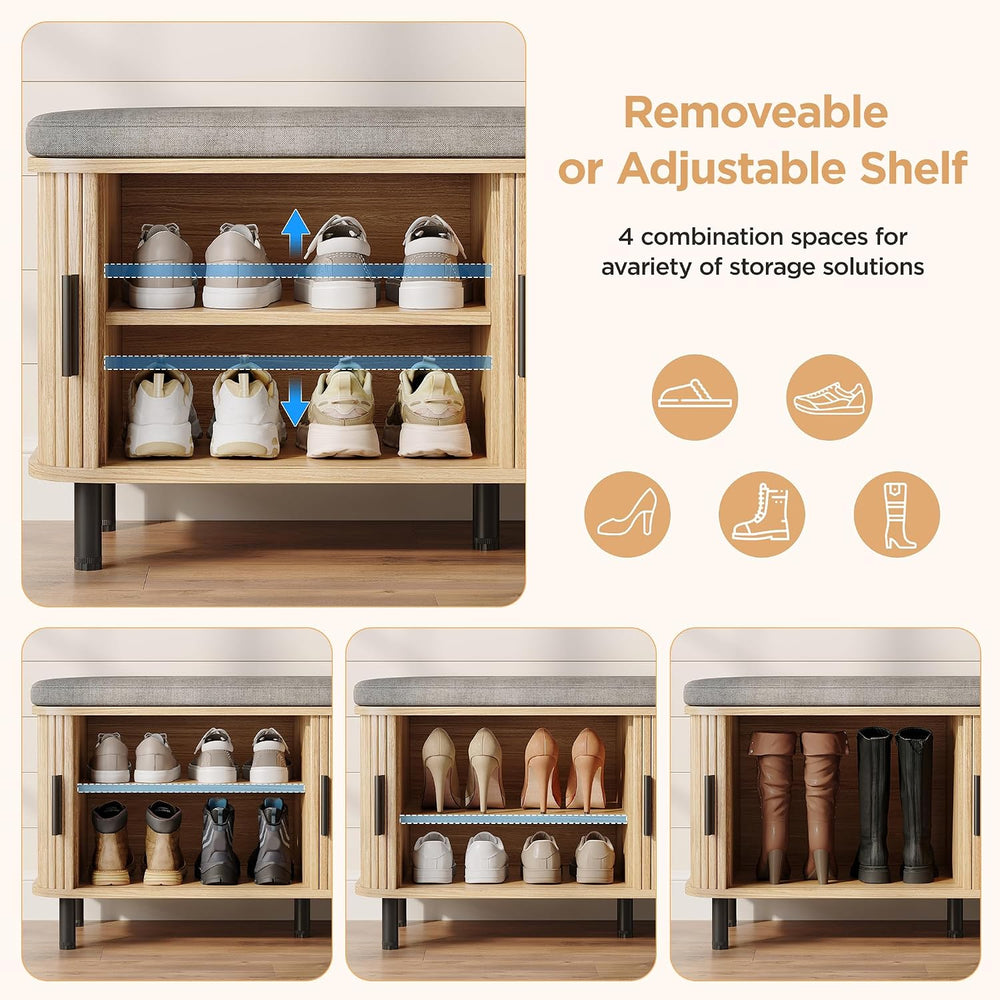 Maupvit Shoe Storage Bench with Smooth Fluted Sliding Doors, 2 Tier Hidden Sh...