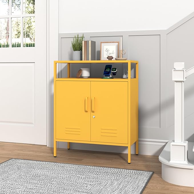 Multifunctional Lockable Storage Cabinet, 3-Tier Side Cabinet with Power Strip & USB Ports, Adjustable Shelf, for Living Room, Home, Office, Yellow 33" H X 29.5" W X 13.8" D