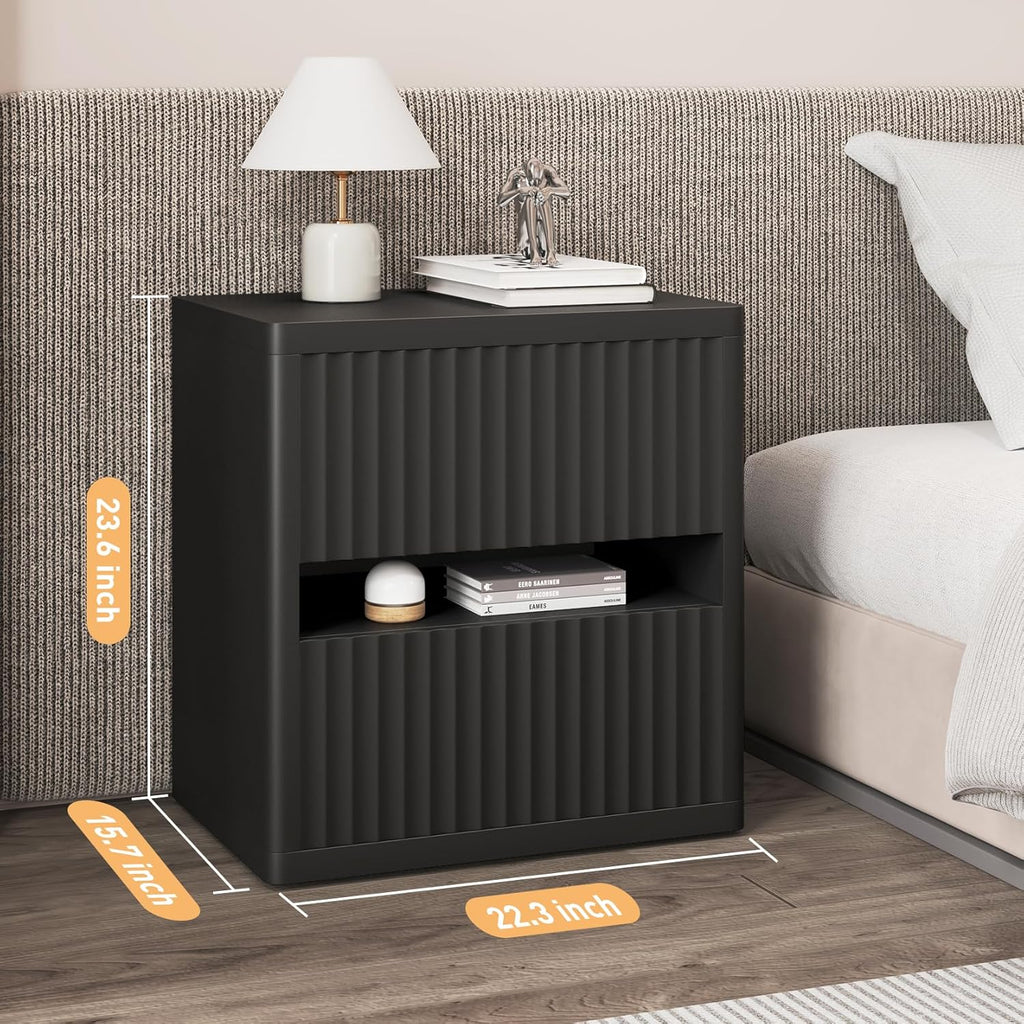 Dripex Fluted Nightstand with 2 Drawers, Large Wide Wood Night Stand Bedside Tables for Bedroom, Mid-Century Modern Storage Bed Side Table, End Tables for Living Room Sofa Couch, Black, Set of 1