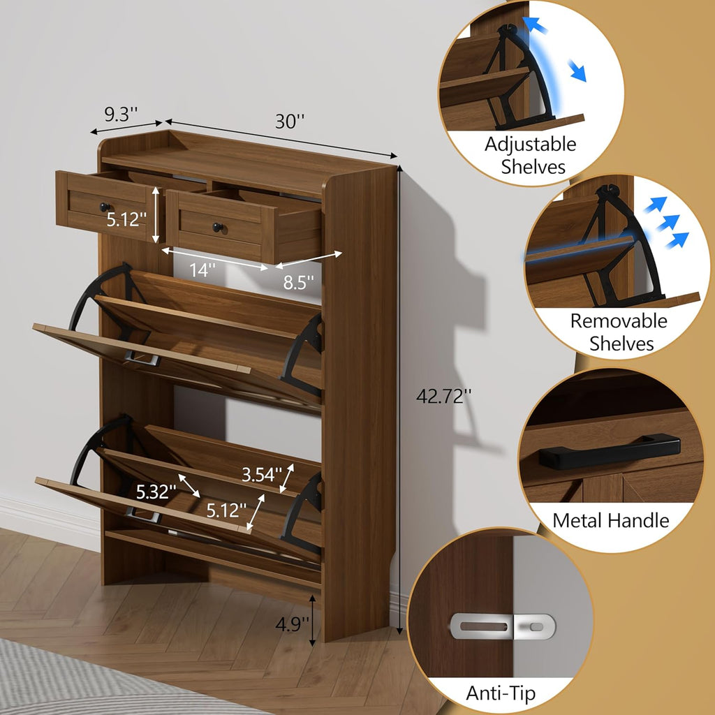 Thacuok Shoe Cabinet with 2 Flip Drawers & 2 Storage Drawers, Rustic Farmhouse Narrow Shoe Organizer Cabinet, Slim Shoe Rack Cabinet, Shoe Storage Cabinet for Entryway, Hallway