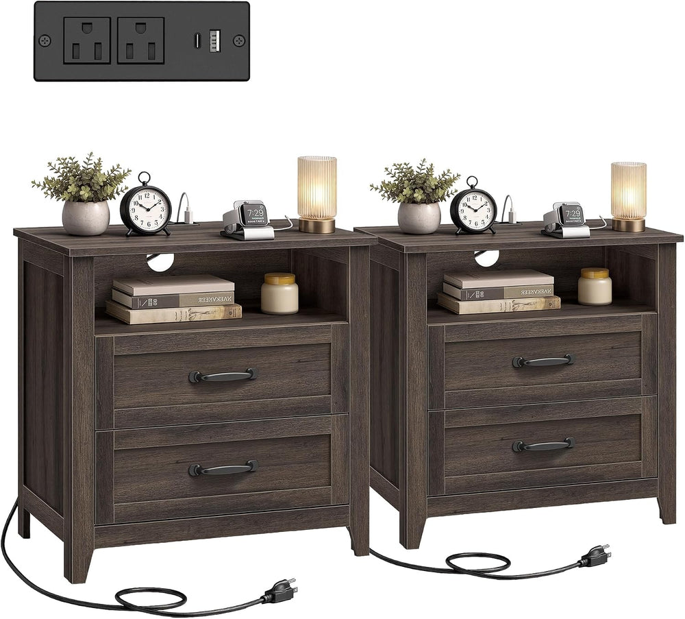VASAGLE 23.6 inch Farmhouse Nightstands Set 2, Charging Station, 2 Drawers
