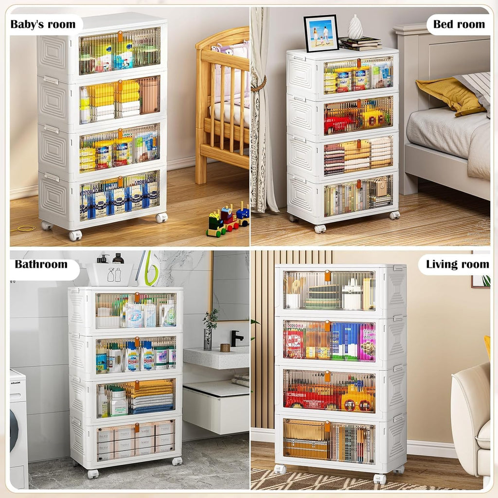 4 Tier Plastic Storage Bins with Lid 23QT, Stackable Storage Containers with Wheels, Folding Boxes, Collapsible Bins, Closet Organizers and for Living Room,Office,Dorm
