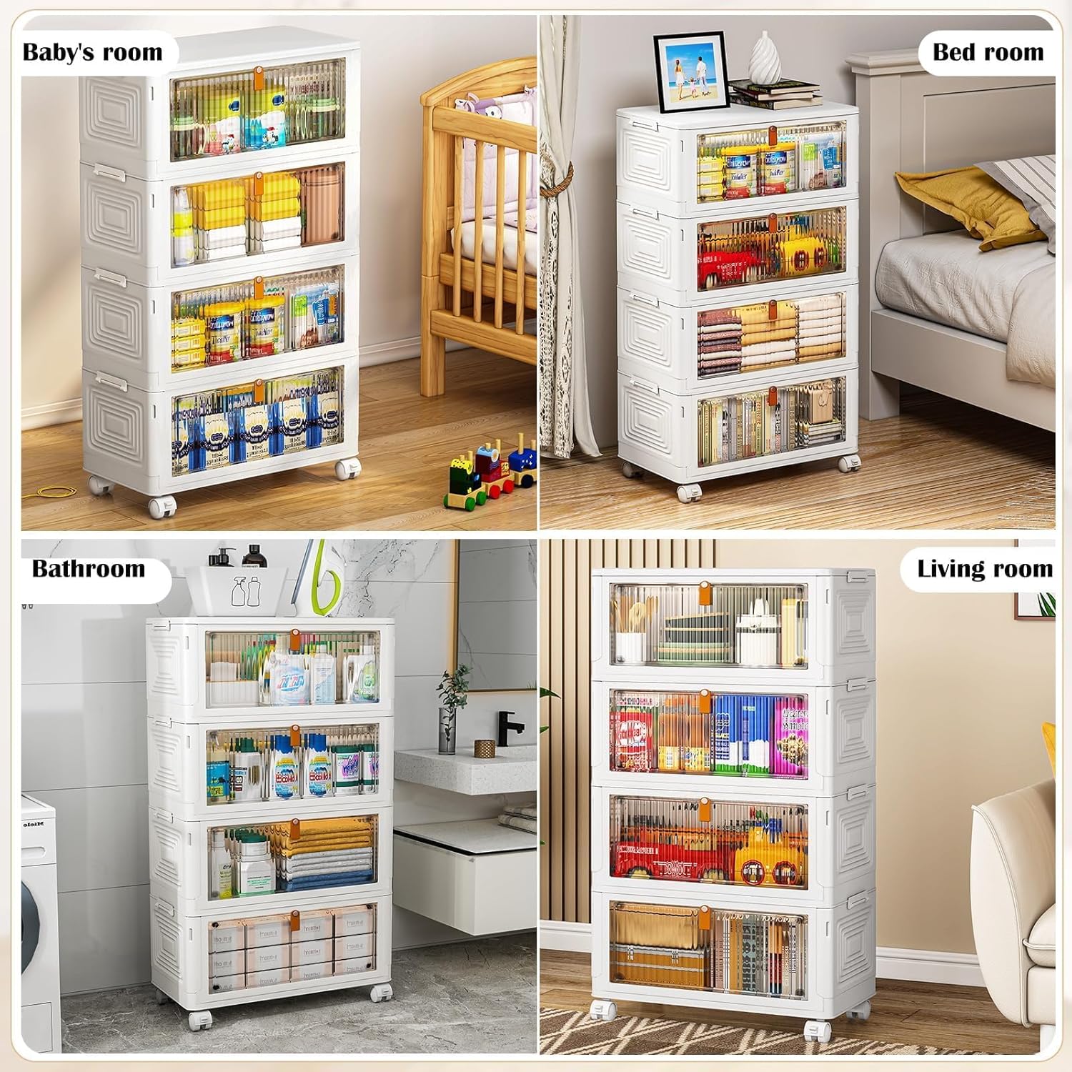 4 Tier Plastic Storage Bins with Lid 23QT, Stackable Storage Containers with Wheels, Folding Boxes, Collapsible Bins, Closet Organizers and for Living Room,Office,Dorm