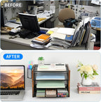 OPNCIE Desk Organizer and Accessories, 4-Tier Paper Letter Tray File Organizer with Drawer & 2 Pen Holder, Office Desk Accessories Workspace Desktop Organizer for Office Supplies(Brown)