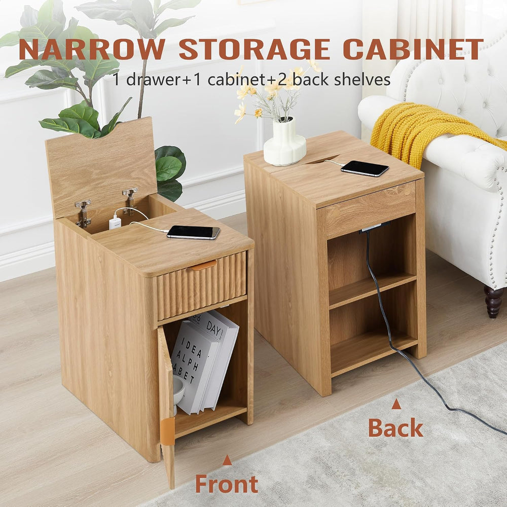 Fluted Narrow End Table with Charging Station, Boho Side Table with Drawer St...