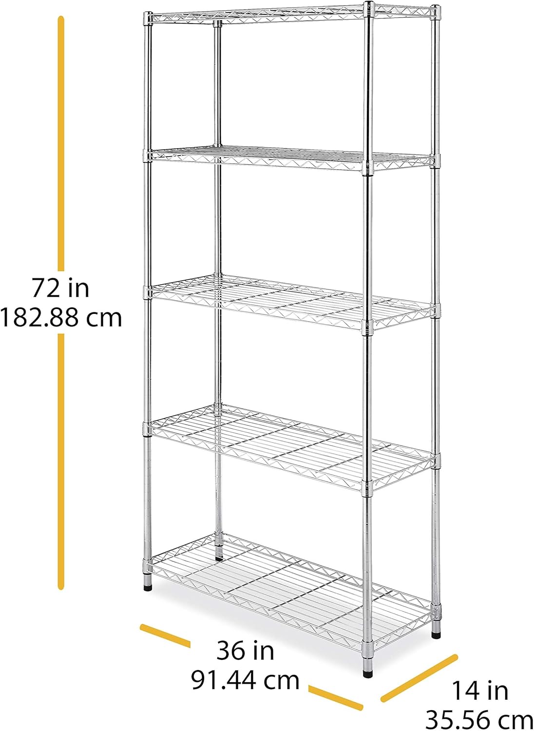 Whitmor 5 Tier Shelving Unit, Metal Storage Shelves, 400 lbs Capacity per Shelf, 2000 lbs Total, Adjustable Heavy Duty Shelf, Easy Assembly for Kitchen, Garage, Plant, 36" L x 14" W x 72" H, Chrome