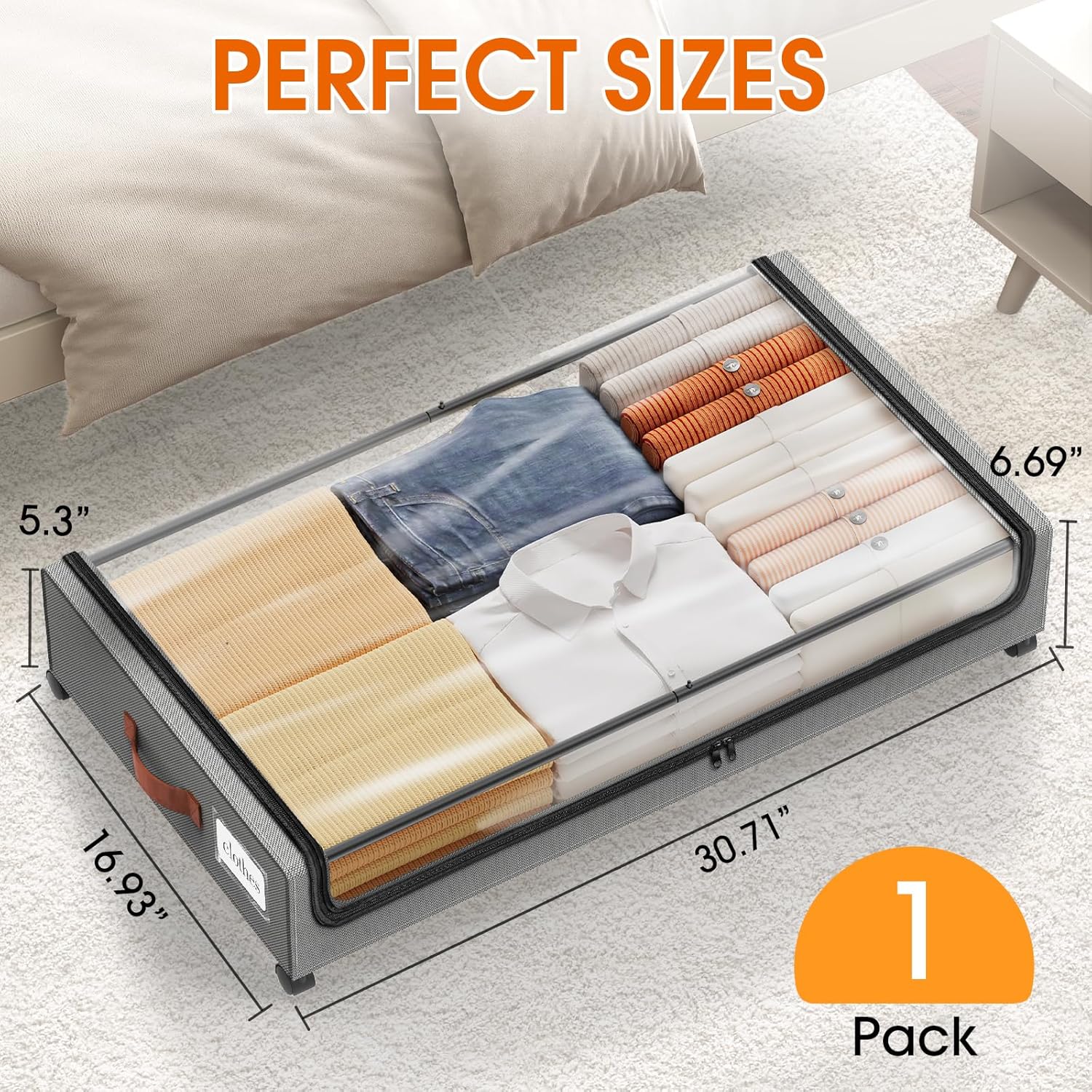 Under Bed Storage with Wheels 1Pack Underbed Storage with Clear Window&Label Under Bed Drawers Large Capacity Rolling Under Bed Storage for Clothes,Shoes, Blankets (Light Grey)