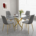 5-Piece Glass Dining Table Set, Modern Square Gold Dining Room Set with Tempered Glass Kitchen Table and 4 Gray Upholstered Chair for Apartment, Living Room