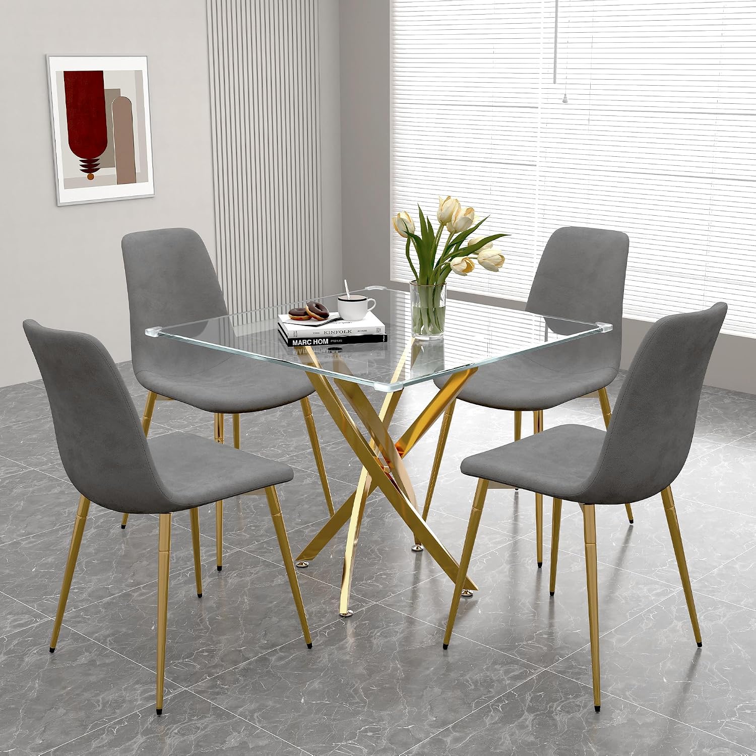 5-Piece Glass Dining Table Set, Modern Square Gold Dining Room Set with Tempered Glass Kitchen Table and 4 Gray Upholstered Chair for Apartment, Living Room