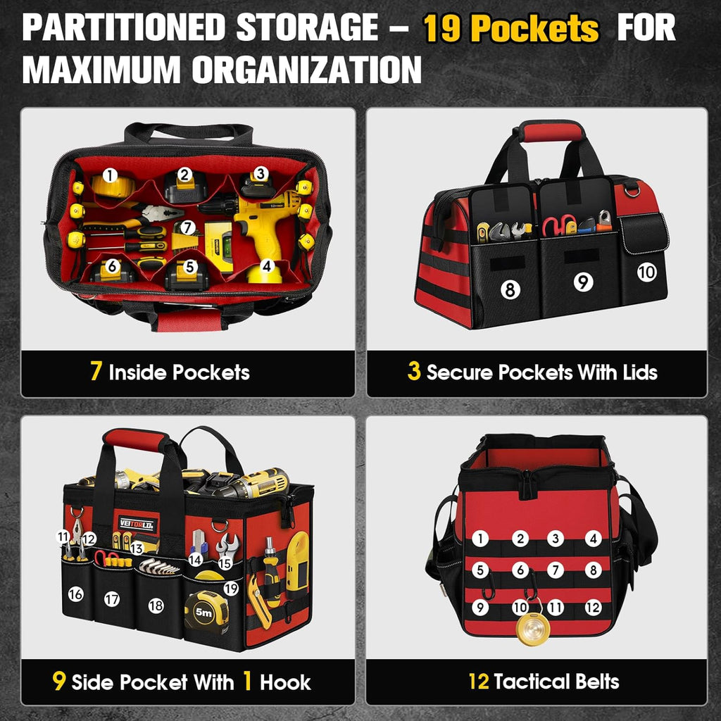 16-Inch Heavy Duty Tool Bag, 19-Pockets Tool Box Organizer, Portable Toolbag W/Soft Handle for Organized Storage, Mechanic Gifts for Men Dad Husband Him Christmas, Wide Mouth Toolbox Organization, Red