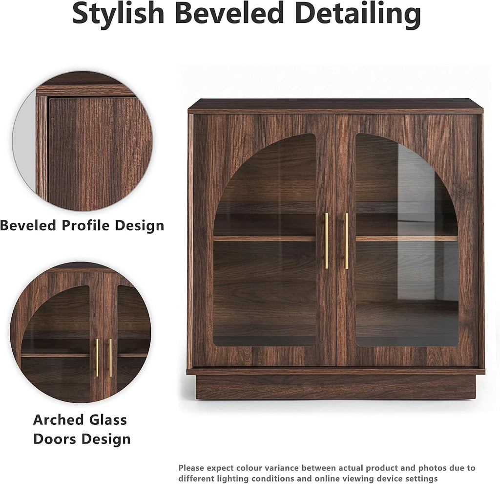 FORTUNETEC 31.5" Sideboard Buffet Cabinet with Arched Glass Doors Set of 2 | Modern Accent Cabinet, Modular Media Console with Storage, Adjustable Shelves, for Living Dining Room Entryway, Dark Walnut