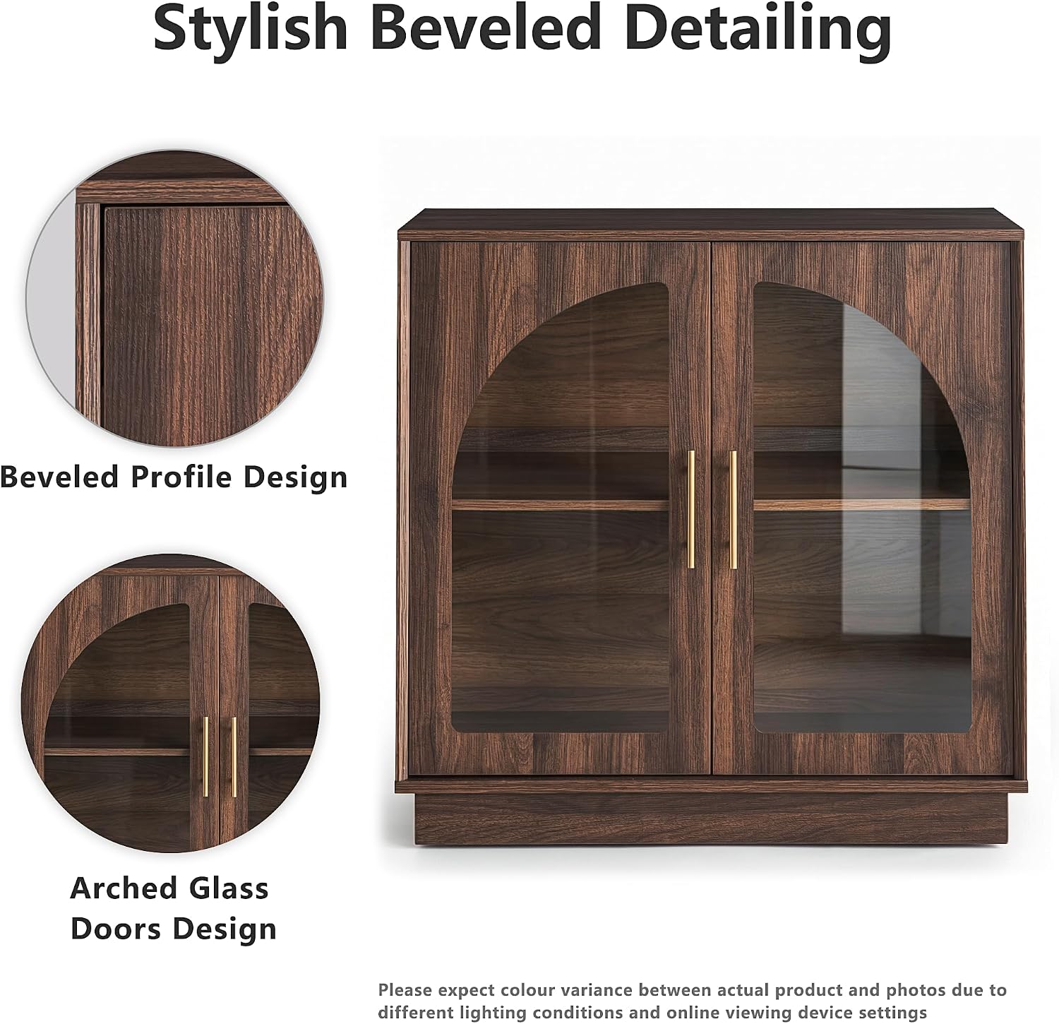 FORTUNETEC 31.5" Sideboard Buffet Cabinet with Arched Glass Doors Set of 2 | Modern Accent Cabinet, Modular Media Console with Storage, Adjustable Shelves, for Living Dining Room Entryway, Dark Walnut