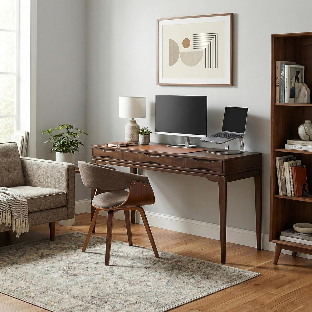 SIMPLIHOME Harper 60" Wide Solid Wood Writing Desk in Walnut Brown
