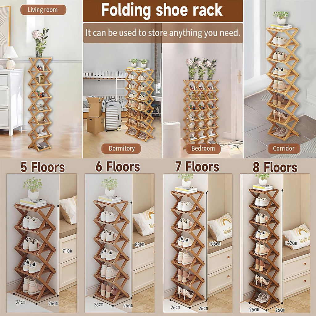 The 9-Tier No-Assembly Bamboo Rack,Foldable Bamboo Shoe Rack,Collapsible Shoe Rack for Entryway Closet Dorm,Installation-Free (Natural,8 Tier)