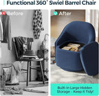 LINSY Swivel Accent Chair with Storage Comfy Chenille Barrel Chairs, Small 360 Swivel Modern Armchair for Living Room Bedroom, Boucle Reading Chair for Study Room (Blue)