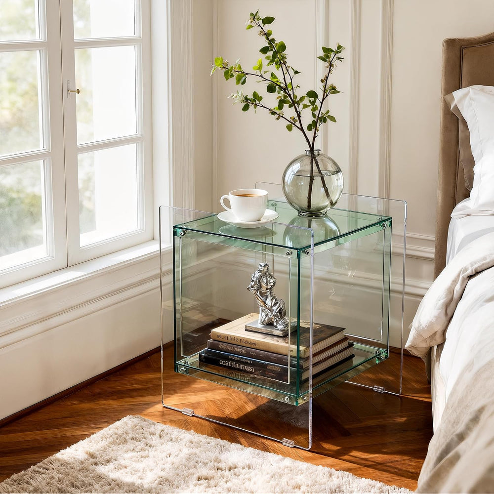 Acrylic End Table Light-Green: 2 Tier Clear Accent Desk Small Nightstand Set