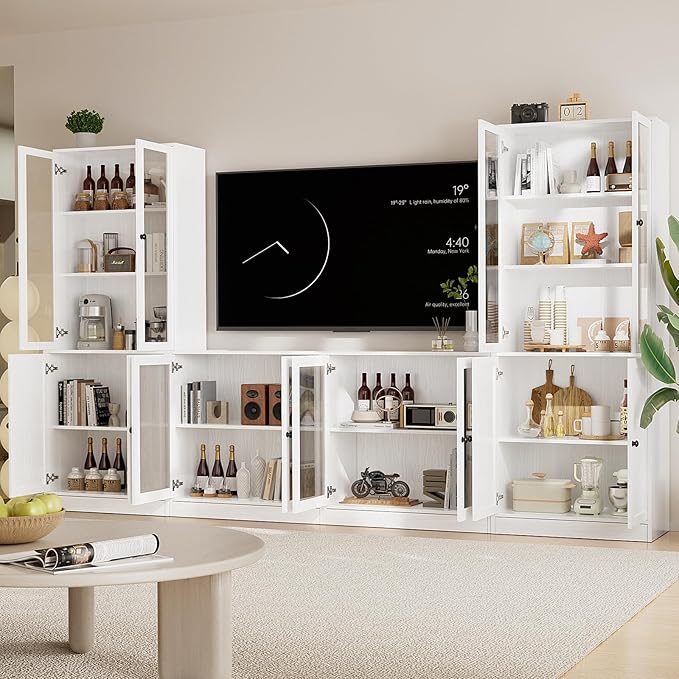 TUSY 71" TV Stand Storage Set - 2 Tall Bookcases & 2 Side Cabinets, Media Console with Glass & Wood Doors, Entertainment Center with Drawers, Tall Media Console for Living Room (White, ADDA)