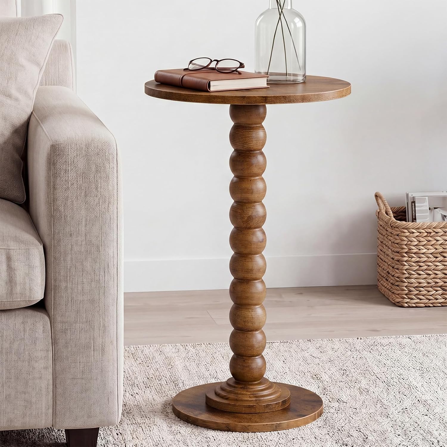 DUMOS Round Side Table for Small Spaces, Brown Modern Accent End Table with Solid Wood Leg, Versatile Drink Nightstand for Living Room, Bedroom, Corners and Office