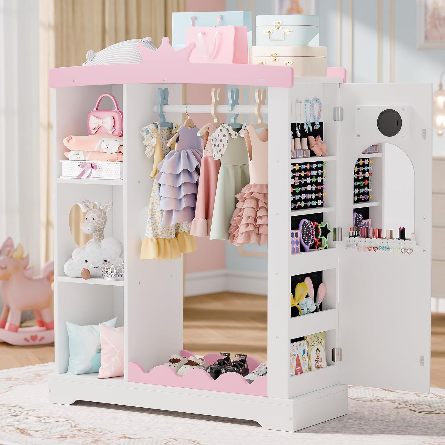 Betterhood Kids Closet with Jewelry Cabinet, Princess Dress Storage with Shelves&Mirror, Costumes Wardrobe Closet with Hanging Rack for Toddlers,Organizer for Bedroom (White)