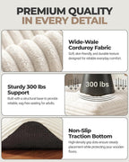 23.6in Pouf Ottoman, Corduroy Footstool Foot Rest Seating, Beige | Dual-layer support poofy pouf with soft chunk-foam top & firm foam base. Ideal floor foot stool & seating for living room