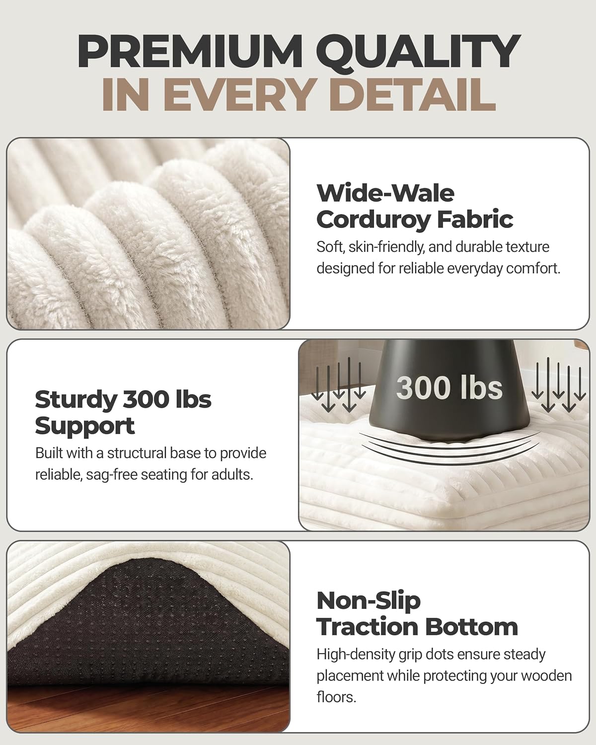 23.6in Pouf Ottoman, Corduroy Footstool Foot Rest Seating, Beige | Dual-layer support poofy pouf with soft chunk-foam top & firm foam base. Ideal floor foot stool & seating for living room