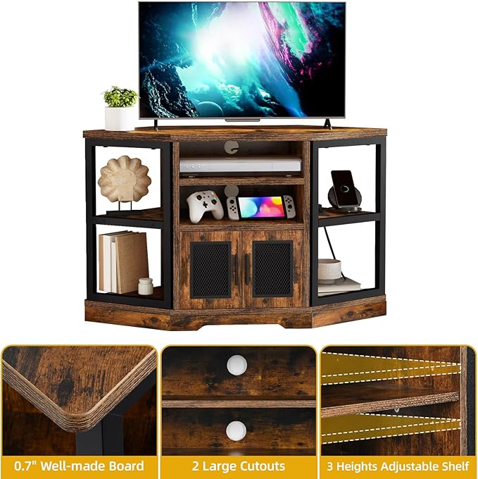 DWVO Farmhouse Corner TV Stand for Living Room, TV Stand for 50 Inch TV, Entertainment Center with Storage and Power Outlet, TV Console Cabinet, Rustic Brown