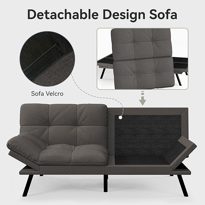 Convertible Futon Sofa Bed,Grey Linen Modern Futon Couch,Memory Foam Loveseat Sleeper Recliner,Detachable Cushion,Adjustable Backrest & Armrest,Couch for Living Room,Office,Apartment