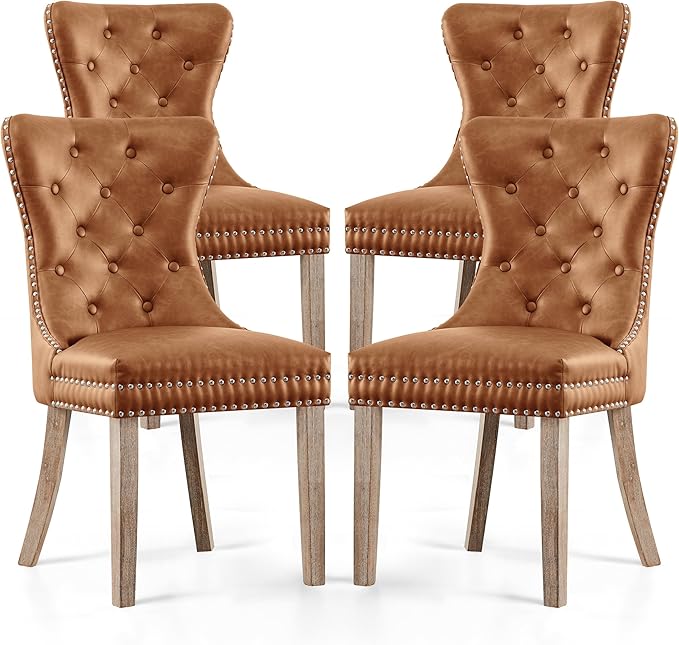 SyMax Dining Chairs Set of 4, Faux Leather Parson Dining Room Chairs, High-End Tufted Kitchen Side Chairs for Bedroom, Living Room, Brown