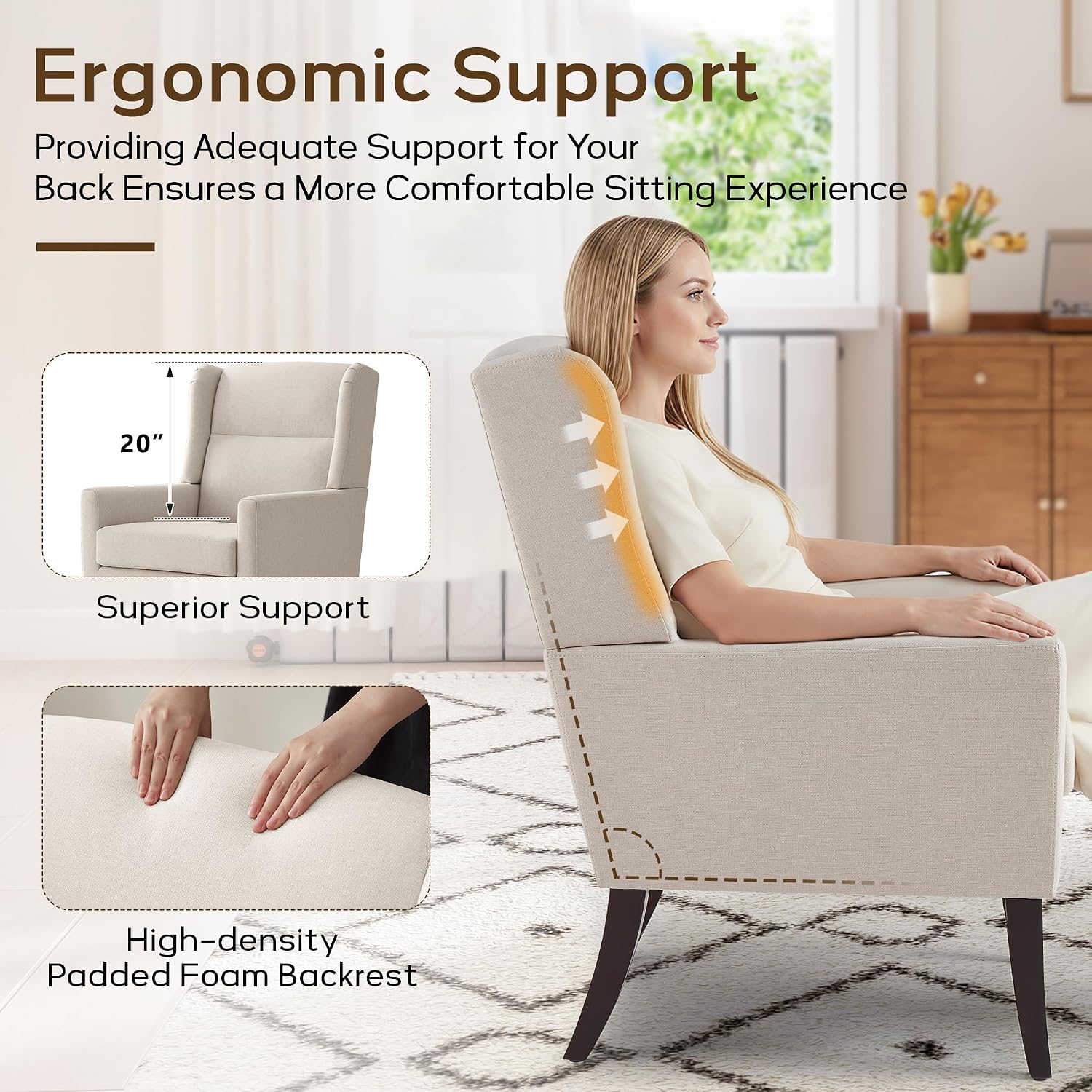 Zihanhome High Back Accent Chair, Fabric Upholstered Living Room Chairs | Modern Comfy Armchair with Wooden Legs for Living Room,Bedroom,Apartment,Reading Spaces. (1, Beige)