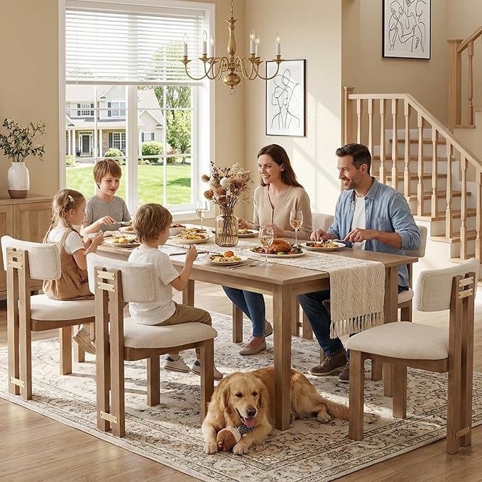 HNY Modern Farmhouse Linen Dining Chairs Set of 4, Beige Fabric Upholstered Dining Room Kitchen Chairs with Natural Wood Frame & Curved-Back, Armless Accent Wood Chairs for Dining Room Living Room